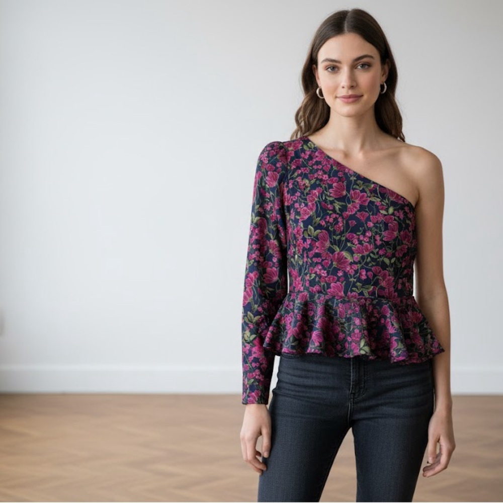 En Saison X Anthropologie Pink and Green chintz florals one arm blouse small